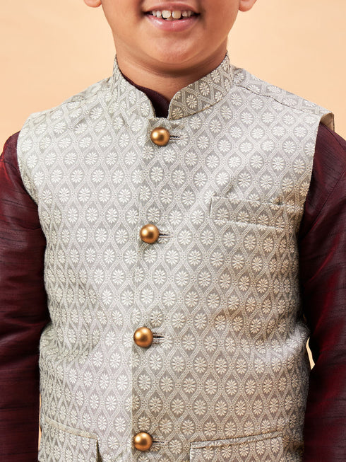 Boy's Beige Nehru Jacket With Wine Kurta And Pyjama Set